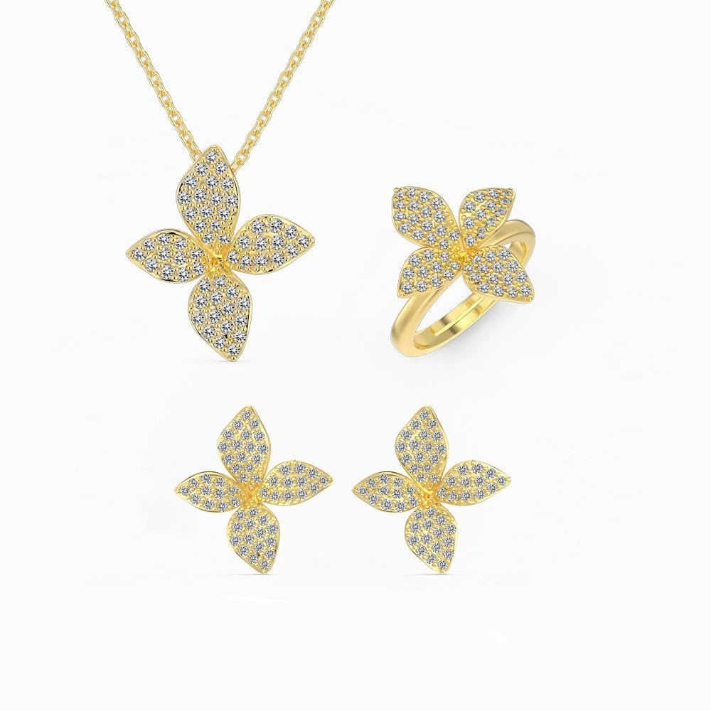 925 Silver Flower Butterfly Full Diamond Three-Piece Set