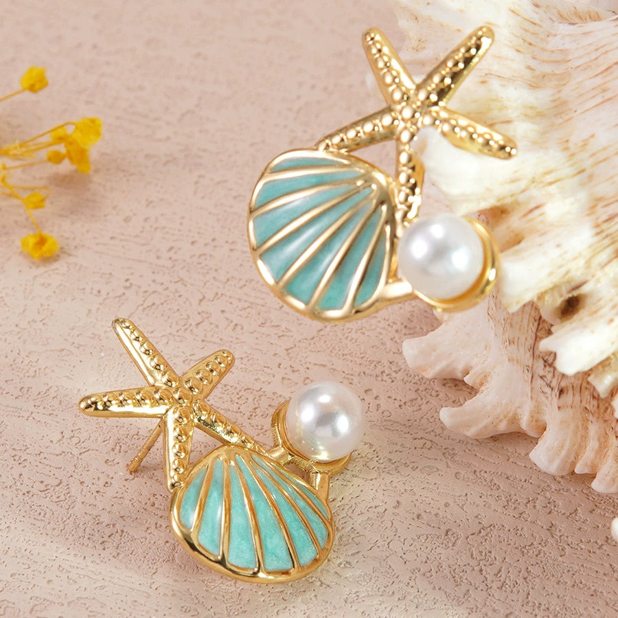 Starfish shell pearl casual stainless steel earrings