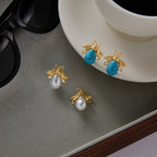 Turquoise, zircon, imitation pearl stainless steel stud earrings