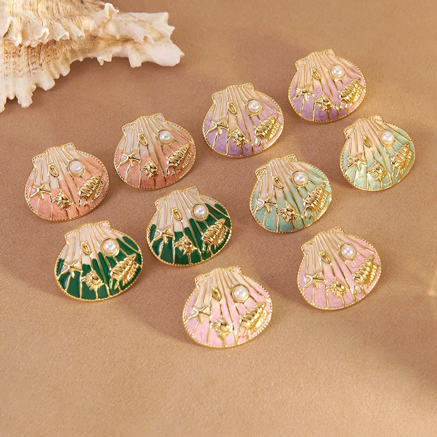 Oil-dripping seashell stainless steel starfish and conch earrings