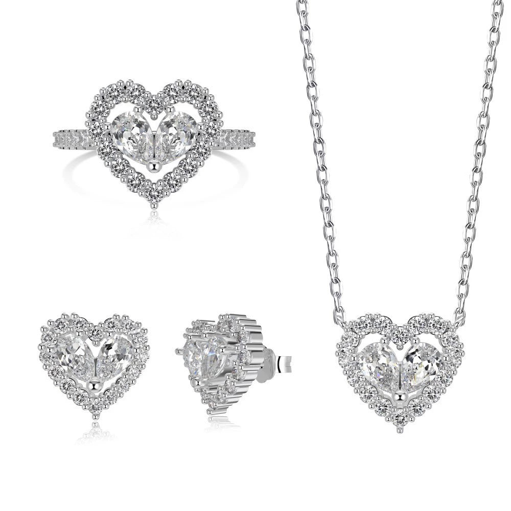 925 Silver Heart Hollow Pink Zircon Inlaid Diamond Set