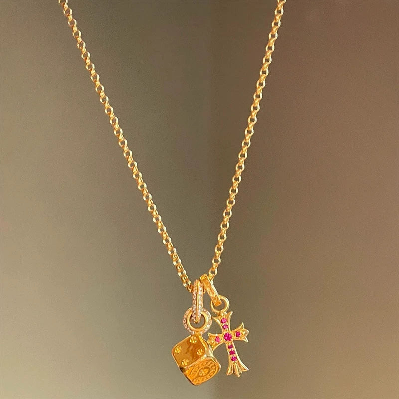 Square Dice Red Diamond Blue Diamond Cross Copper Alloy Pendant