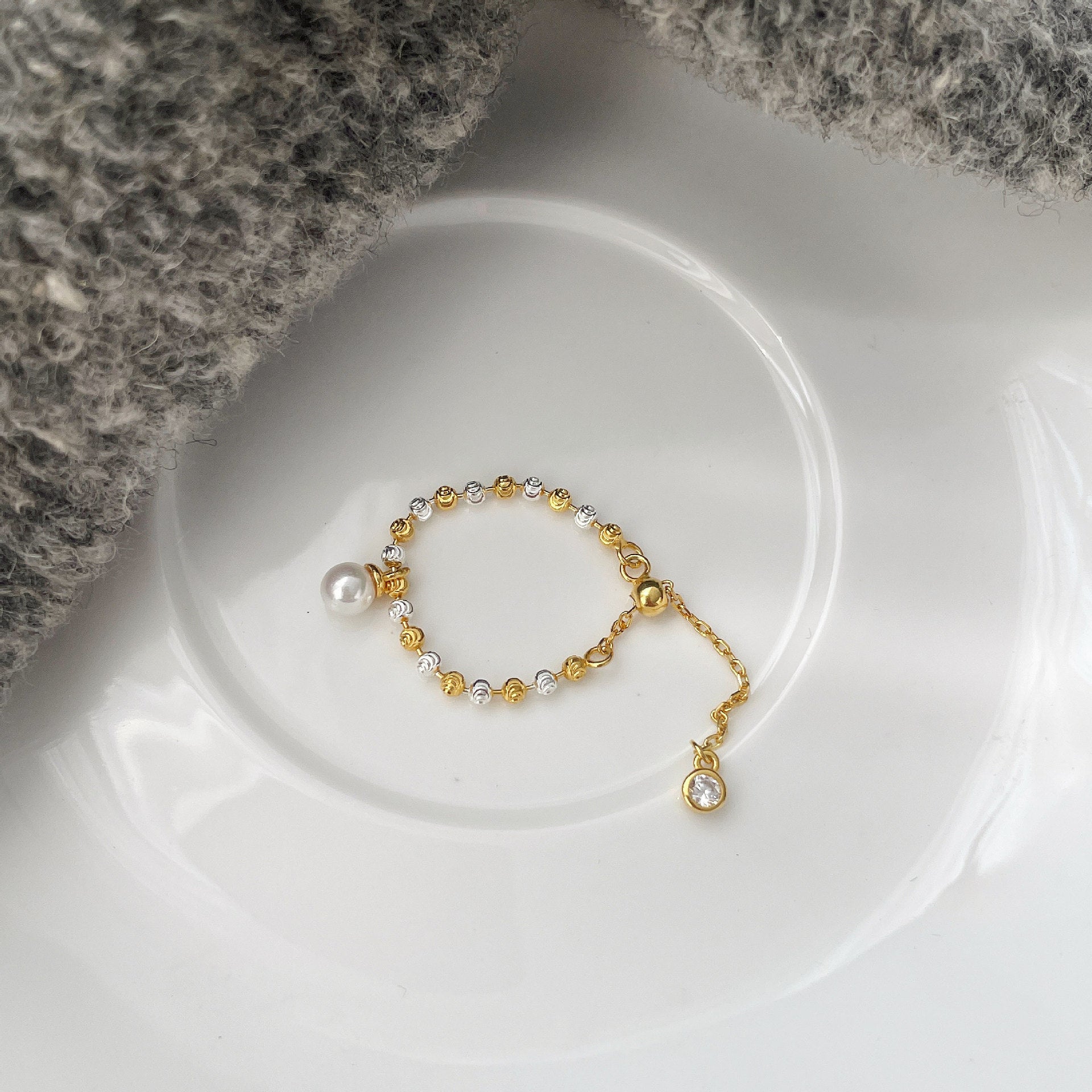 925 Sterling Silver Beaded Chain Imitation Pearl Ring