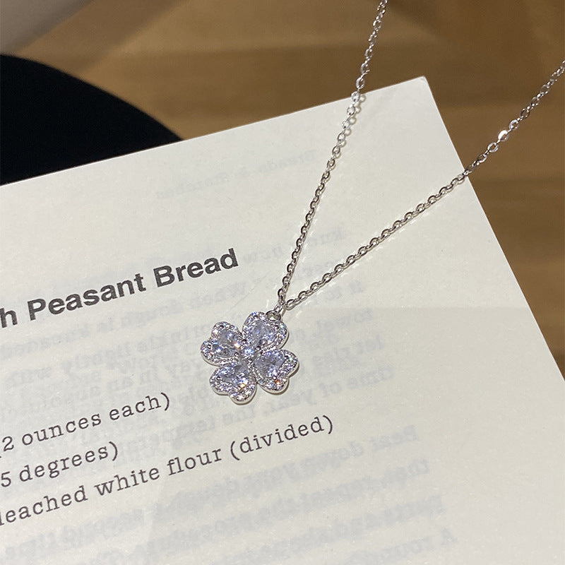 925 Sterling Silver Four-Leaf Clover Heart Zirconia Necklace