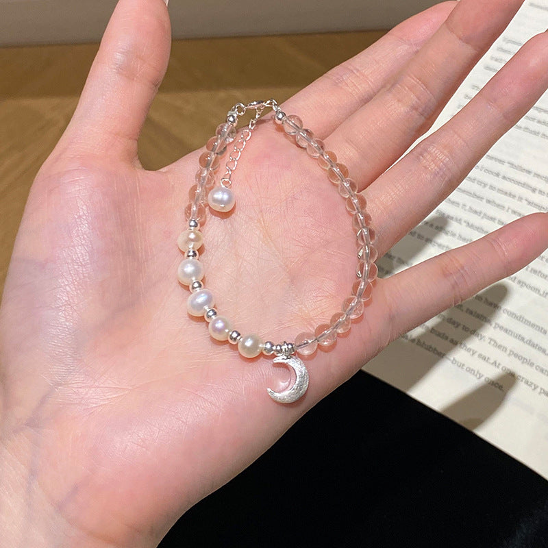 925 Sterling Silver Natural White Crystal Freshwater Pearl Moon Bracelet