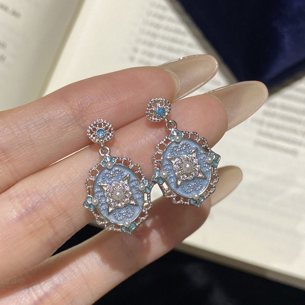 925 Sterling Silver Blue Enamel Court Style Lace Openwork Earrings