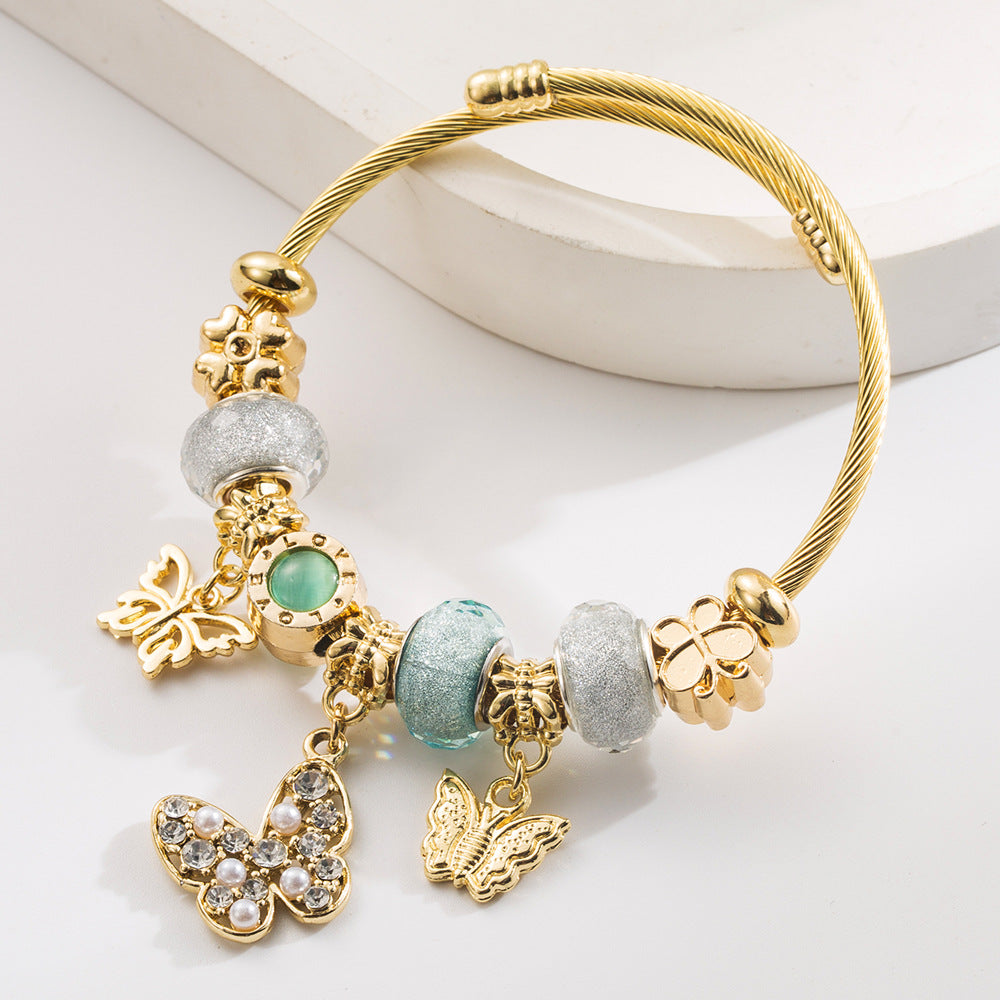 Vintage Gold Stainless Steel Beaded Butterfly Bracelet