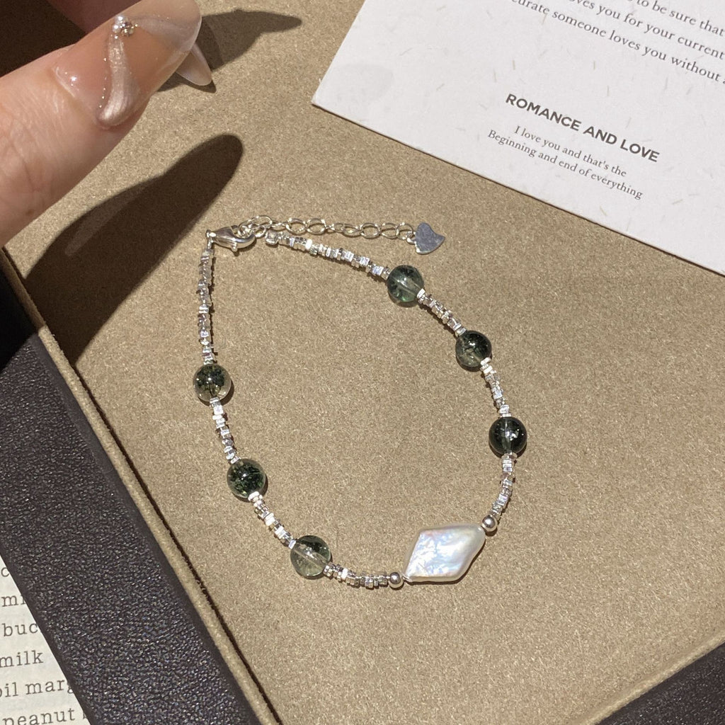 925 Sterling Silver Natural Irregular Pearl Green Phantom Crystal Bracelet