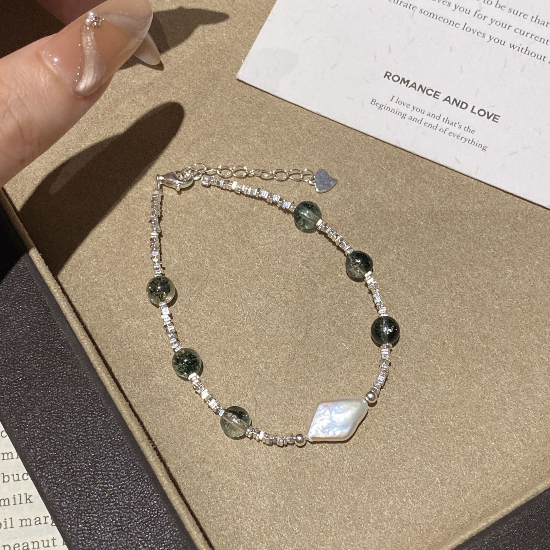 925 Sterling Silver Natural Irregular Pearl Green Phantom Crystal Bracelet