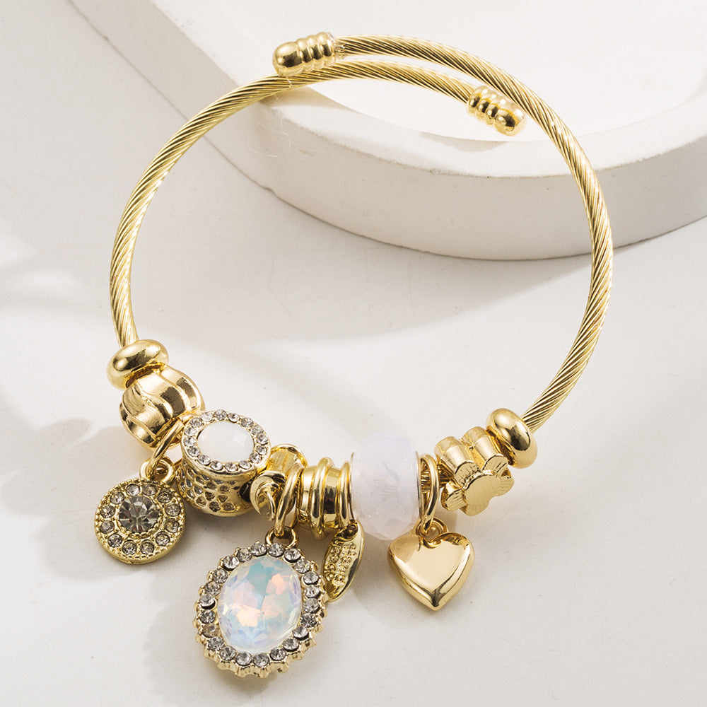 Vintage Heart Pendant Diamond Inlaid Stainless Steel Bracelet