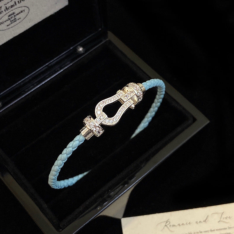 Fully diamond zircon leather braided rope magnetic horseshoe buckle copper alloy bracelet