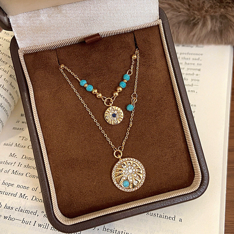 Double-layered round pendant micro-set zircon turquoise beaded copper alloy necklace