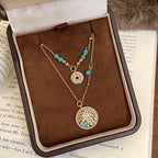 Double-layered round pendant micro-set zircon turquoise beaded copper alloy necklace