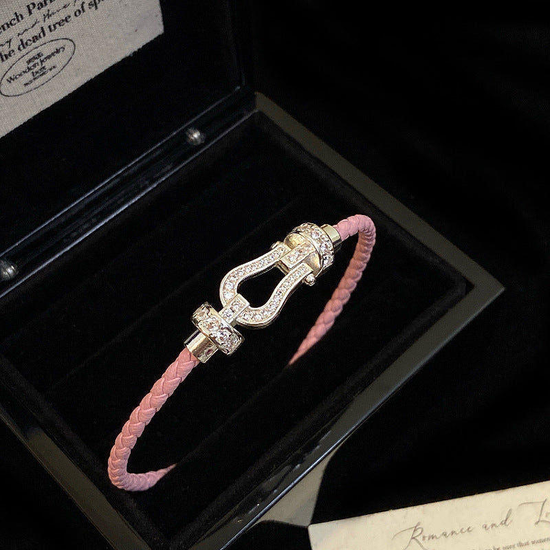Fully diamond zircon leather braided rope magnetic horseshoe buckle copper alloy bracelet