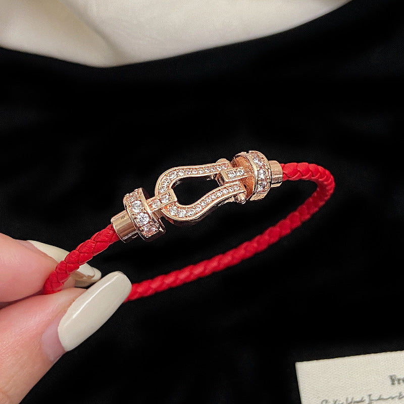 Fully diamond zircon leather braided rope magnetic horseshoe buckle copper alloy bracelet