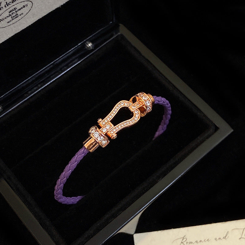 Fully diamond zircon leather braided rope magnetic horseshoe buckle copper alloy bracelet