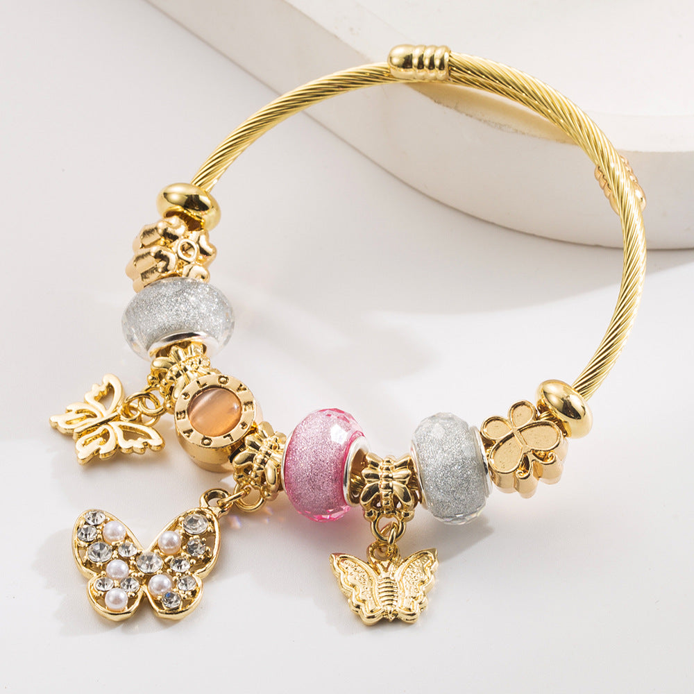 Vintage Gold Stainless Steel Beaded Butterfly Bracelet