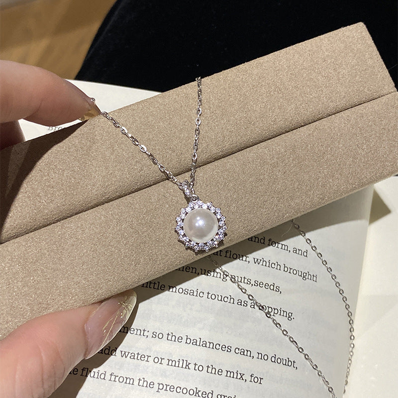 925 Sterling Silver Sunflower Imitation Pearl Zirconia Necklace