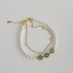 925 Sterling Silver Double-Layer Round Imitation Pearl Labradorite Bracelet