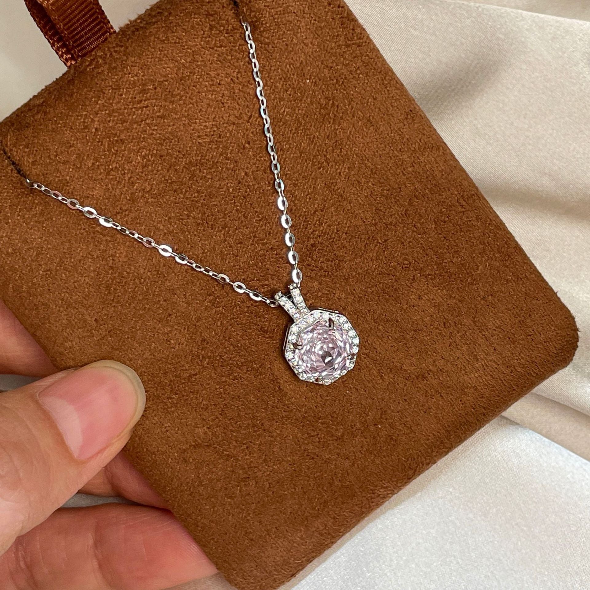 925 Sterling Silver Octagonal Rose-Cut Aquamarine Rose Zirconia Necklace