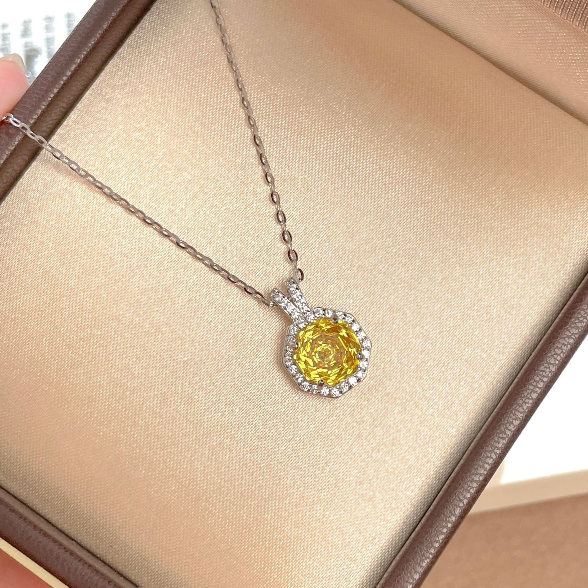 925 Sterling Silver Octagonal Rose-Cut Aquamarine Rose Zirconia Necklace